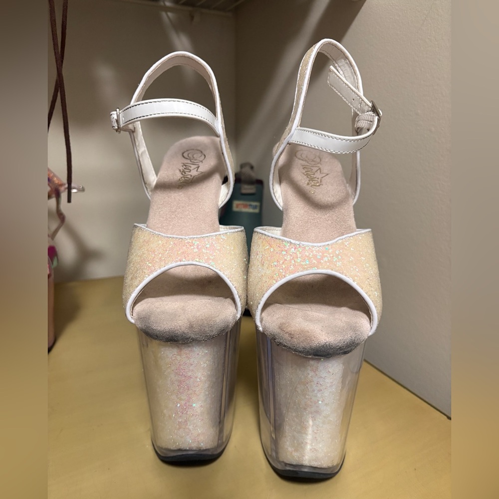 Pleaser Flamingo White Glitter Platform Heels Size 8 - Picture 2 of 6